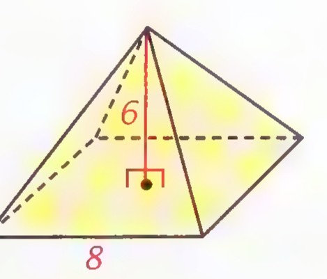 A yellow pyramid with a square base of side 8 and altitude 6.