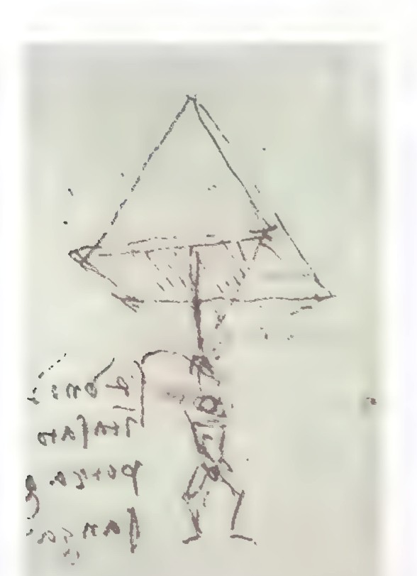 Leonardo’s sketch of a man beneath a large pyramid-shaped tent, with notes in mirror writing.