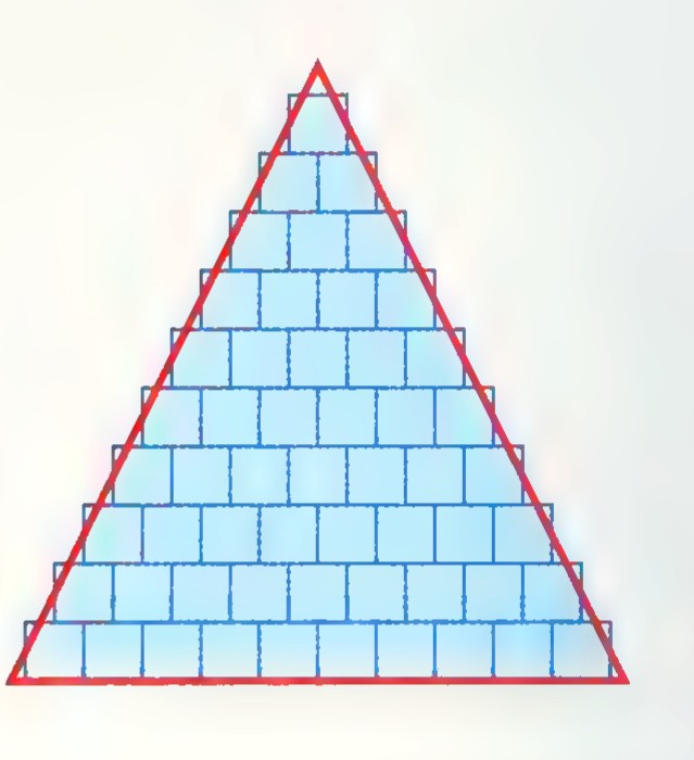 A red triangle filled with a grid of blue squares, with a red outline and a brick pattern along its right edge.