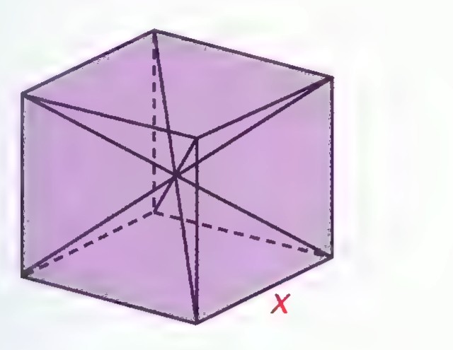 A purple cube divided into six congruent pyramids meeting at its center, with the diagonal from one corner to the center labeled x.