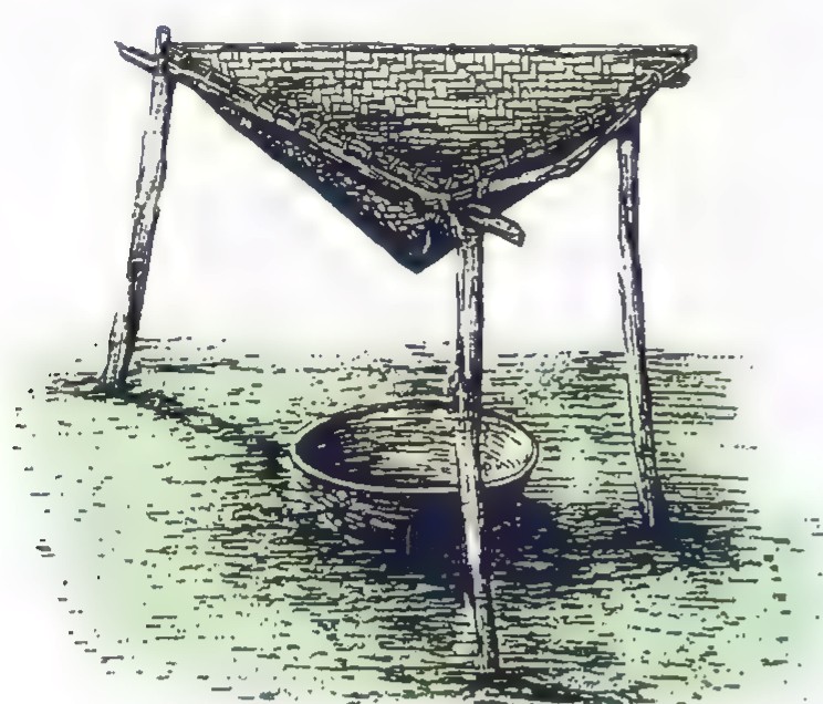Drawing of a funnel made from a folded square of cloth supported on four sticks above a shallow bowl.