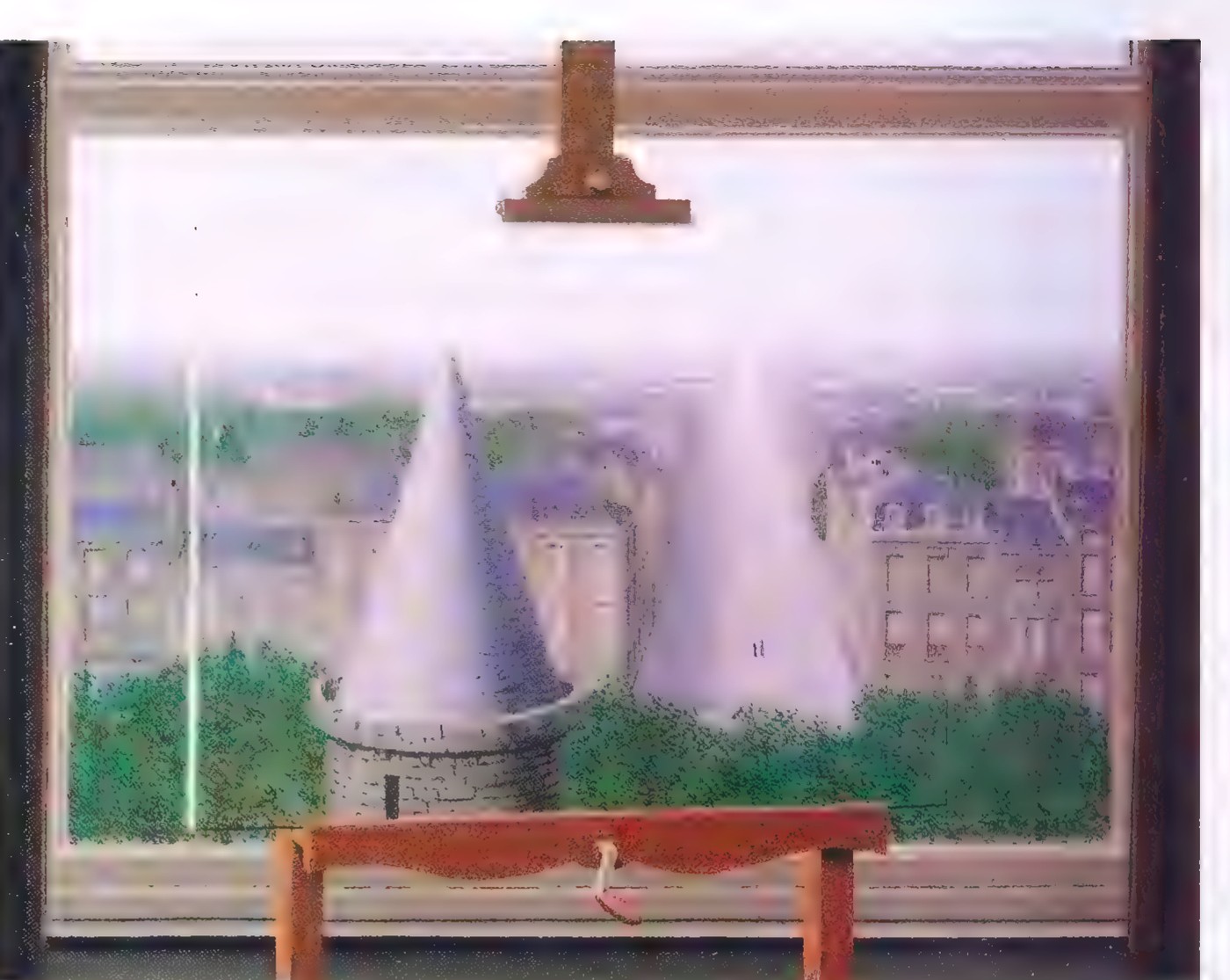 Painting of a room with a framed picture of a street scene, a round table, and a wooden bench; the picture shows a tower whose conical roof mirrors the receding street.