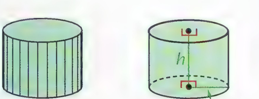A cylinder beside a transparent cylinder showing its altitude h and base radius r.