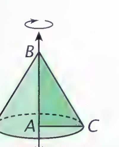 A green cone with right triangle ABC inside, rotated about the vertical side AB.