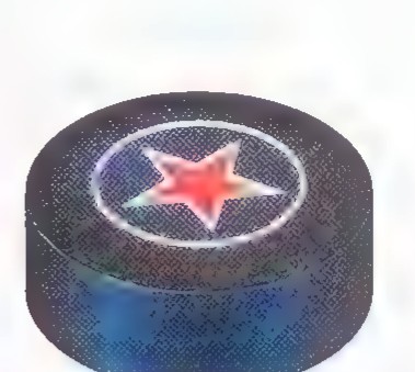 Photograph of a hockey puck with the NHL logo on its top face.