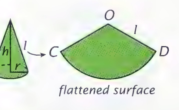 A cone of slant height l and radius r beside its flattened lateral surface, a sector of a circle with center O and arc CD.