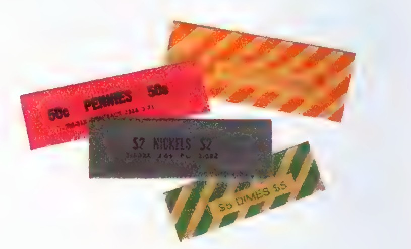 Four flattened coin wrappers in red, orange, black, and green, printed with the coin values and the word “PENNIES,” “NICKELS,” or “DIMES.”