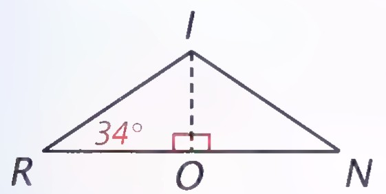 Side view of the conical pile as isosceles triangle RIN, with altitude IO and the 34° angle at R marked.