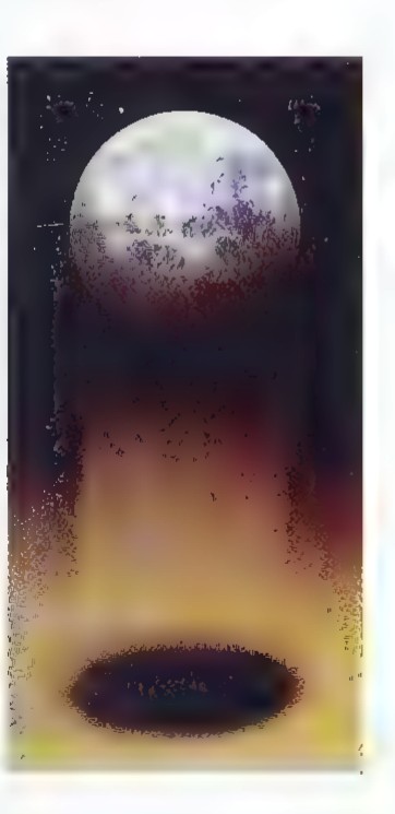 A tall narrow painting: a pale earth at the top, a glowing orange sky, and a dark elliptical shadow at the bottom.