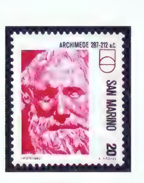 Postage stamp from San Marino showing a portrait of Archimedes, the dates 287–212 B.C., and a sphere inscribed in a cylinder.