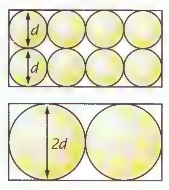 Side views of two boxes: one containing 16 chocolates of diameter d in two rows, the other containing 2 chocolates of diameter 2d.