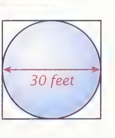 Cross section of a square tunnel with a circle of diameter 30 feet inscribed in it.