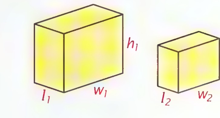 Two similar rectangular solids, the larger with dimensions l₁, w₁, h₁ and the smaller with dimensions l₂, w₂, h₂.