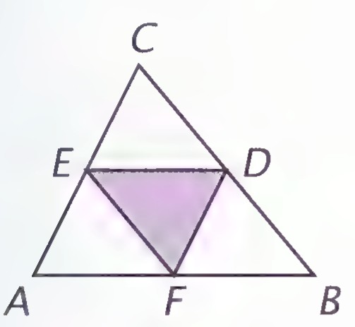 Triangle ABC with midpoints D, E, F of its sides joined to form a smaller shaded triangle DEF.