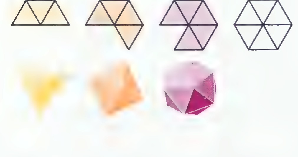 Four nets of equilateral triangles and, below them, three colored polyhedra: a yellow tetrahedron, an orange octahedron, and a magenta icosahedron.