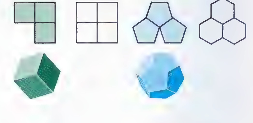 At the top, nets of squares and of hexagons; below them, a green cube and a blue dodecahedron with pentagonal faces.