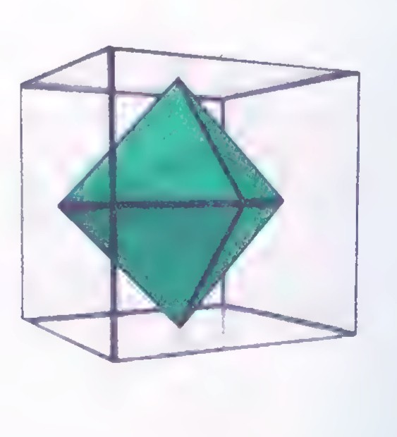 A green octahedron inside a transparent cube, its vertices at the centers of the cube’s faces.