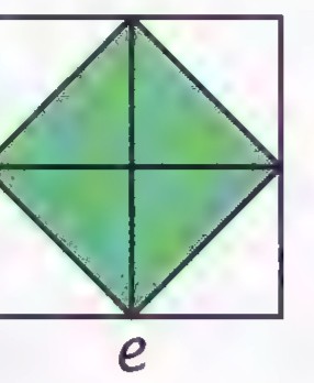 A square of edge e with an inscribed diamond-shaped octahedron cross section shaded green.