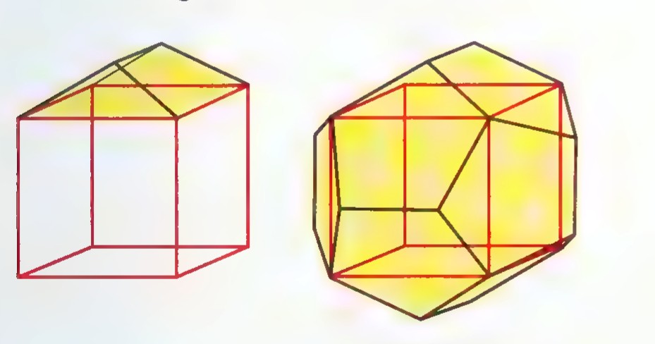 Two drawings: at the left, a wire-frame cube with yellow triangular roofs on its faces; at the right, the completed dodecahedron.