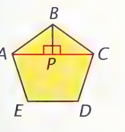 A yellow regular pentagon ABCDE with point P on diagonal AC and BP drawn perpendicular to AC.