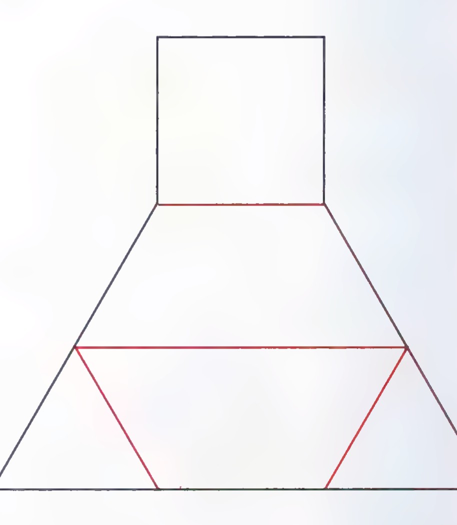 A pattern for the puzzle piece: a square above a trapezoid, with red fold lines and two red triangular flaps.