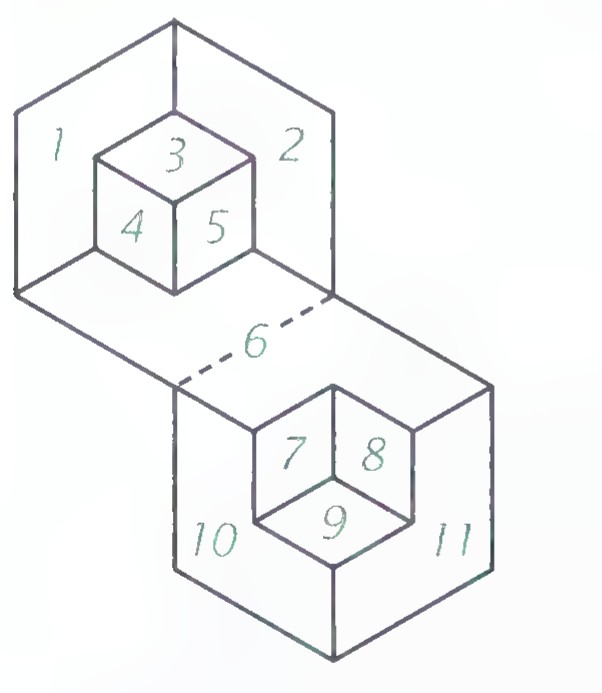 A line drawing of the sculpture’s interlocking cubes, with its visible planes numbered 1 through 11.