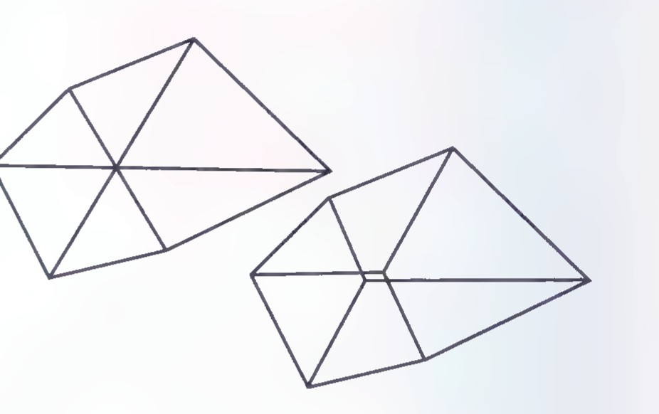 Two line drawings of a triangular network; the left one suggests a three-dimensional shape opening one way, the right one the opposite way.