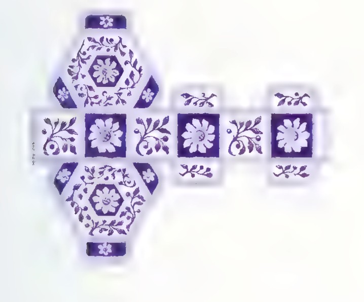 A decorative paper pattern: six blue-and-white squares in two rows with two regular hexagons above and below.