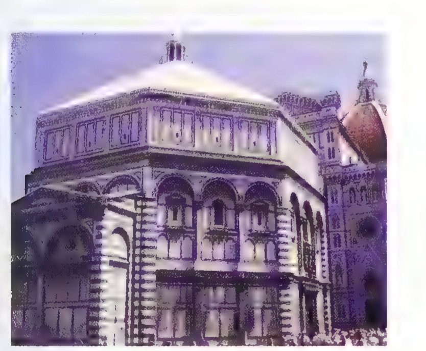 Photograph of the octagonal Baptistery of Florence with its striped stone facade and domed roof.