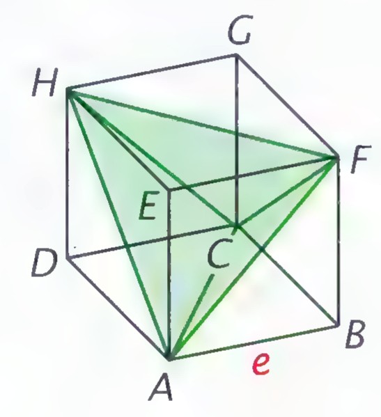 A cube labeled A through H with a diagonal drawn on each face in green, forming a tetrahedron inside it; edge e is marked.