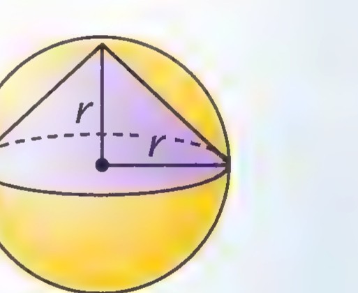 A sphere with a cone inscribed in it, its base a great circle of radius r and its height equal to r.