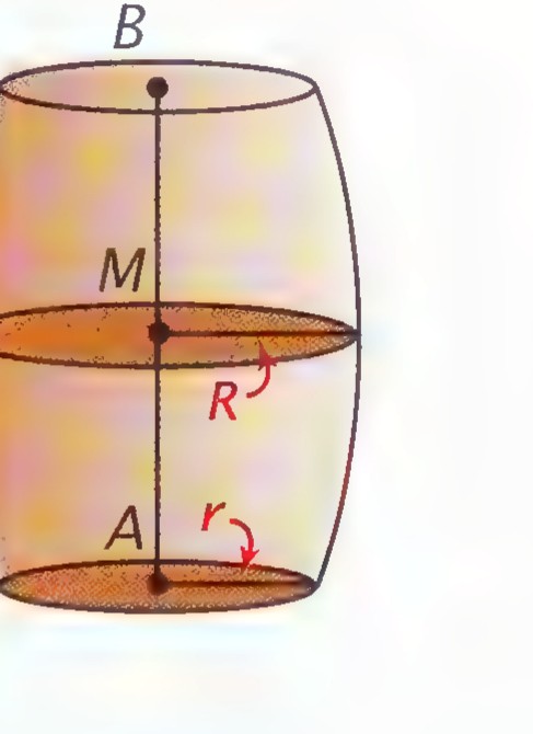 A wooden wine barrel labeled with height h, axis AB, midpoint M, maximum radius R, and end radius r.