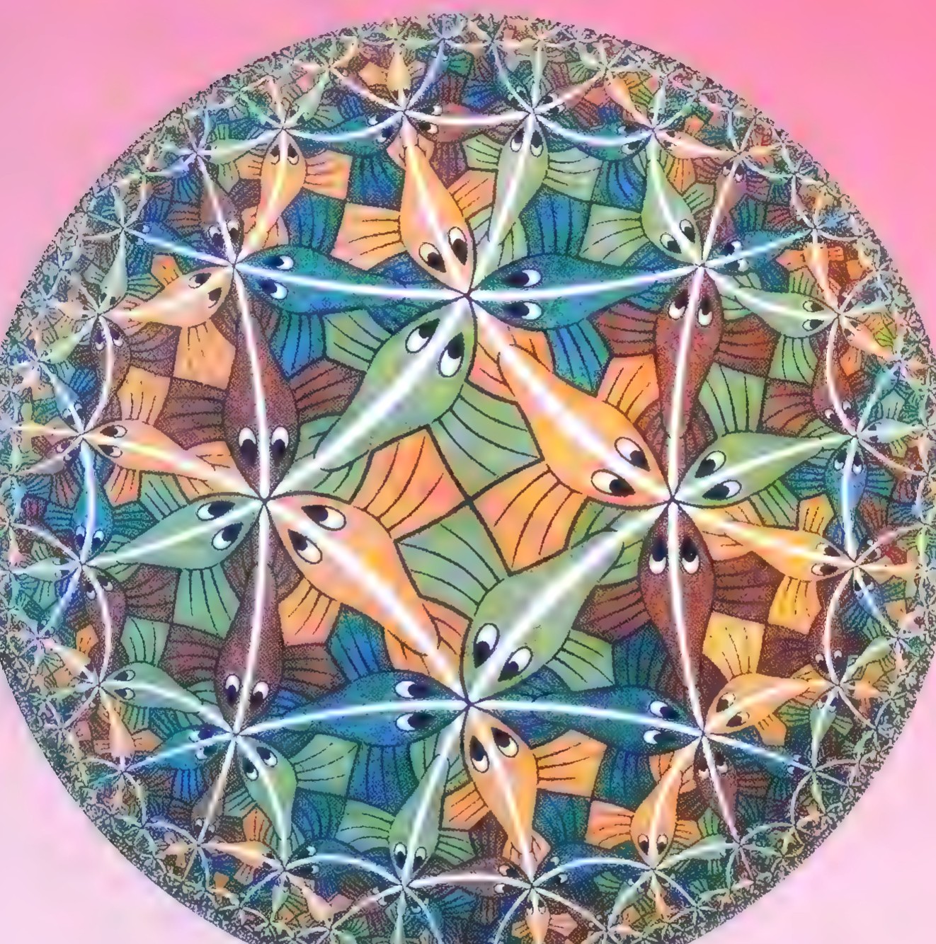 Circular print of interlocking fish in red, green, yellow, and purple, the fish growing smaller toward the rim.