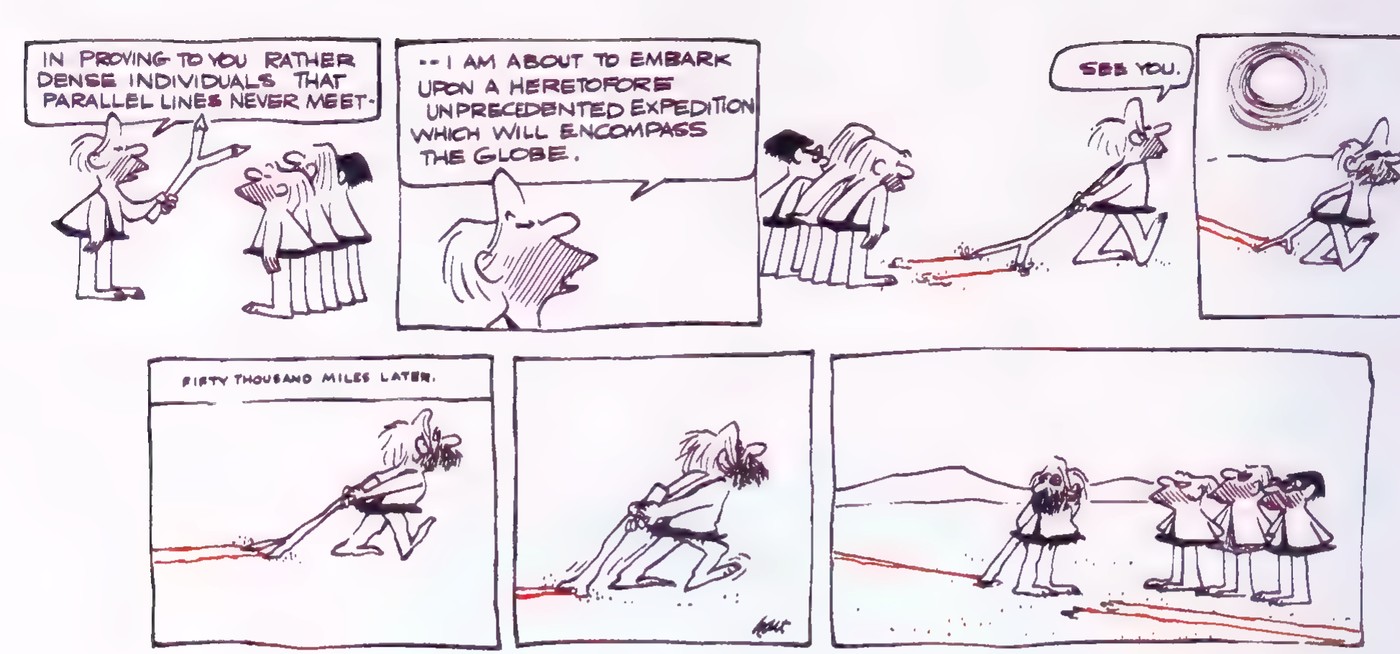 Cartoon: a small figure with a two-pronged stick walks around a globe while a larger figure explains the experiment; in the final panel the stick has worn down to a nub.