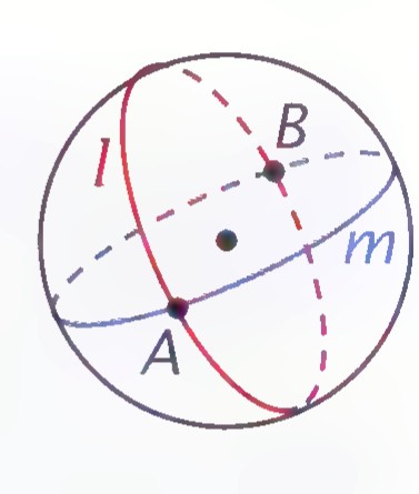 A sphere showing two great circles l and m crossing at two antipodal points A and B.