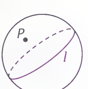 A sphere with a great circle l and a point P not on it.