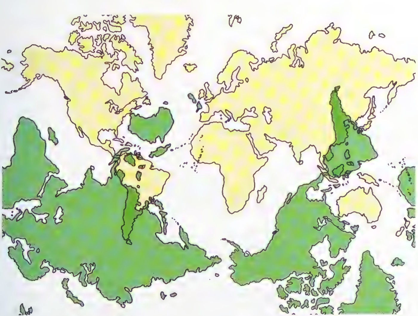 A world map drawn on an oval projection, showing the continents and oceans.