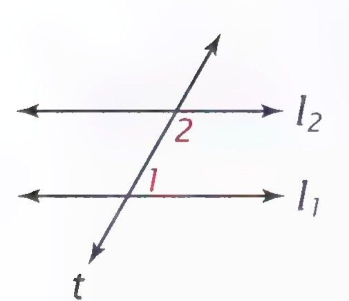 Two lines l₁ and l₂ cut by a transversal t, with angles 1 and 2 marked on the same side.