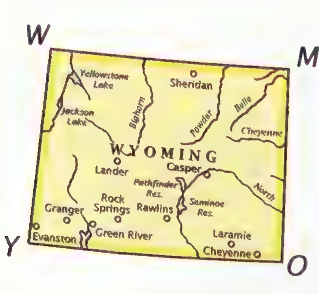 Outline map of Wyoming with its corners labeled W, Y, O, and M and the southern border YO marked.