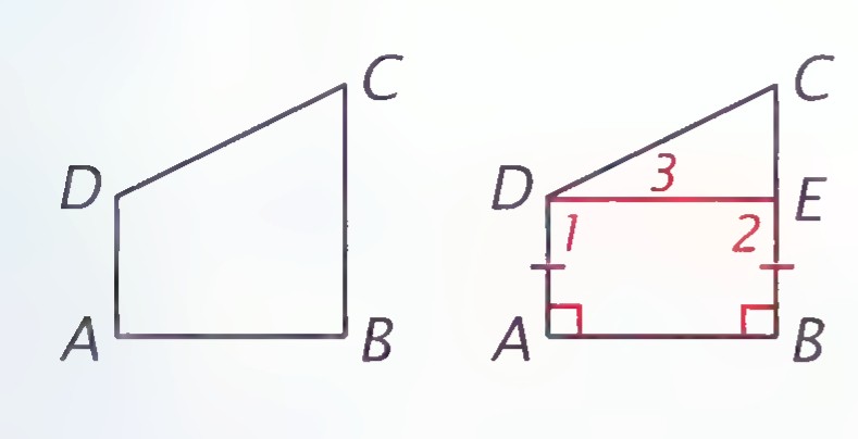 A birectangular quadrilateral ABCD with base AB, the leg CB drawn longer than DA, and points E on CB and D connected.