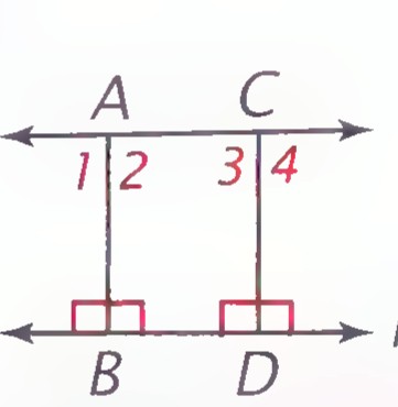 Two lines l and m with perpendiculars from points A and C on l to m, forming angles 1, 2, 3, and 4 at A and C.