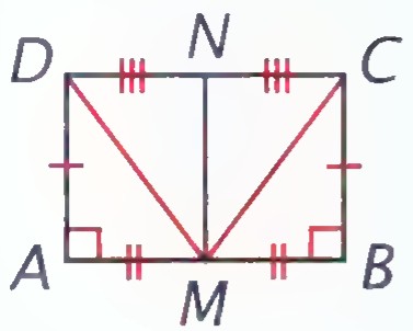 A Saccheri quadrilateral ABCD with M the midpoint of AB and segments DM and CM drawn.