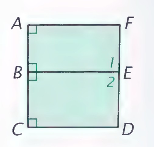 Two adjoining quadrilateral lots sharing side BE, with right angles at A, B, and C, angles 1 and 2 at E, and the angles at D, E, and F not right.