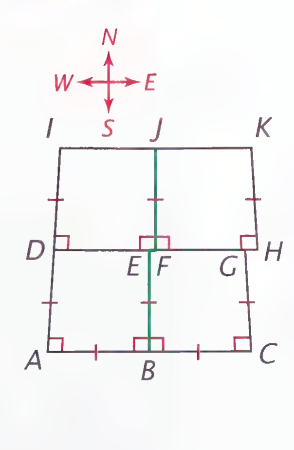 A diagram of two stacked Saccheri quadrilaterals representing townships, with the road from B to J jogging from E to F and tick marks showing six-mile sides.