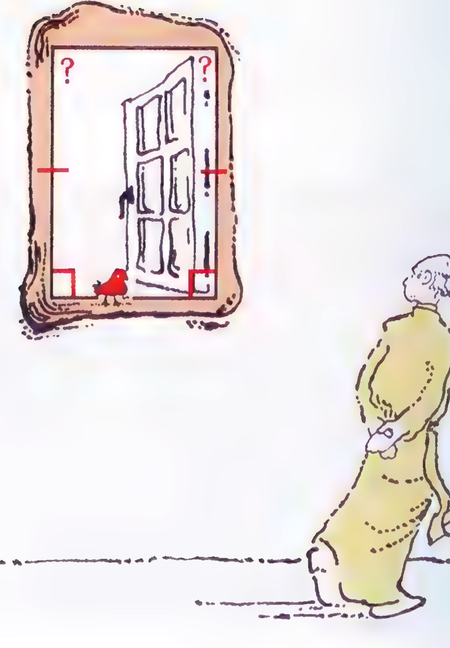 Cartoon: a man stands before a framed doorway whose top is wider than its base, with question marks around it.