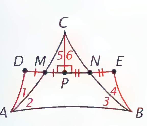 Triangle ABC with midpoints M and N, segment MN, and a construction through C producing points D and E on line MN.