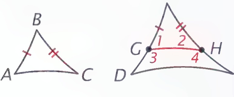 Two triangles, a smaller ABC and a larger DEF, with points G on ED and H on EF marked and GH drawn.