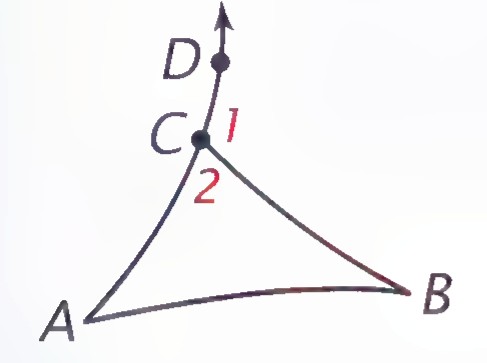 Triangle ABC with side AC extended beyond C to D, and exterior angle 1 at C marked.