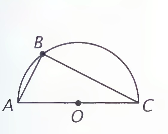 A semicircle with diameter AC and center O; point B on the arc, with BA and BC drawn.
