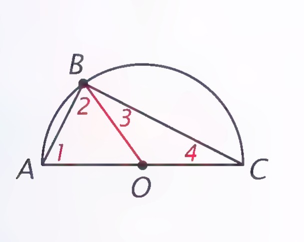 The same semicircle with radius OB and numbered angles 1, 2, 3, and 4 marked.